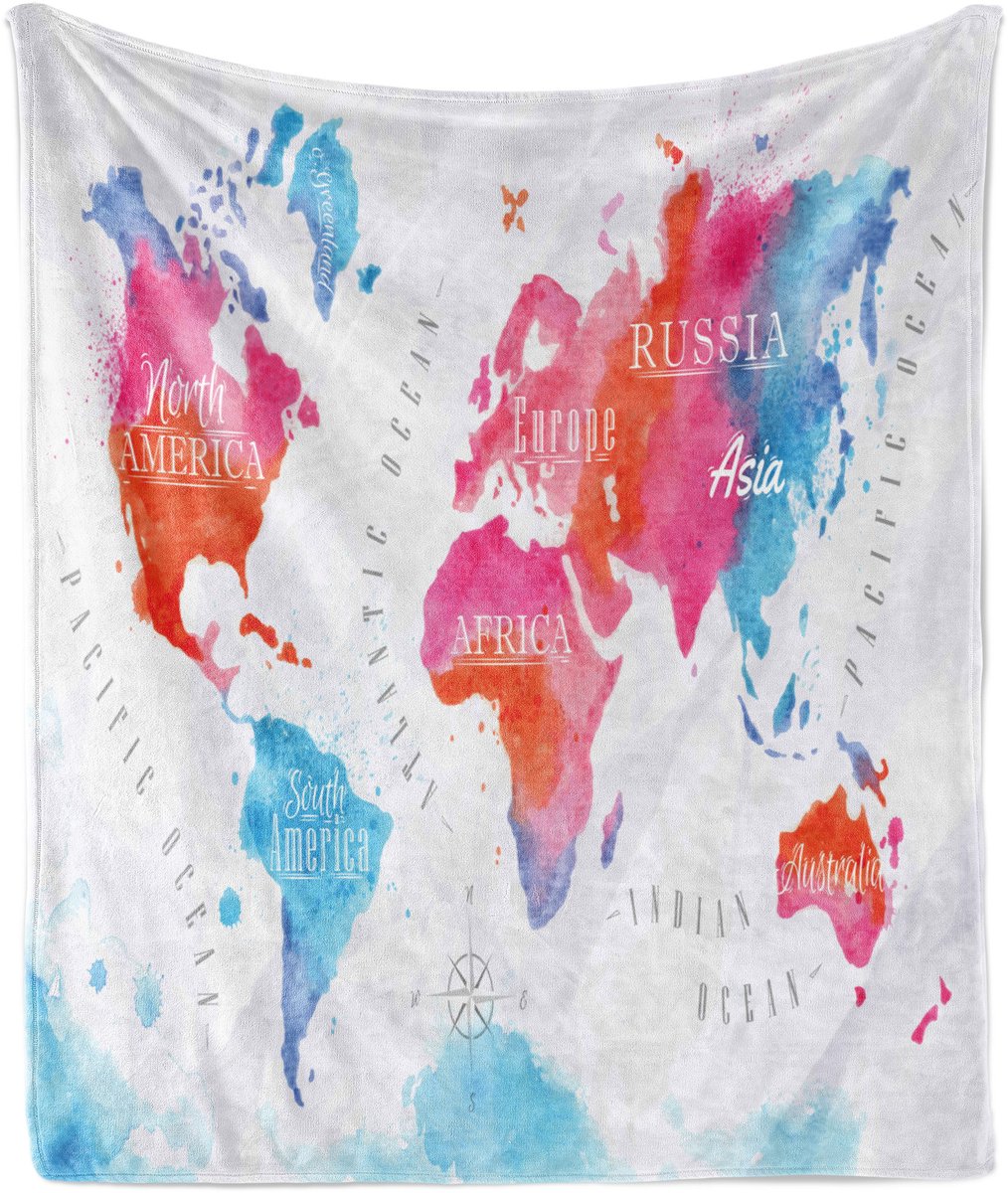 ABAKUHAUS Aardrijkskunde Zachte Flanellen Fleece Deken, Wereldkaart in Aquarel, Gezellige Pluche Plaid, 125 x 175 cm, Vermiljoen Roze