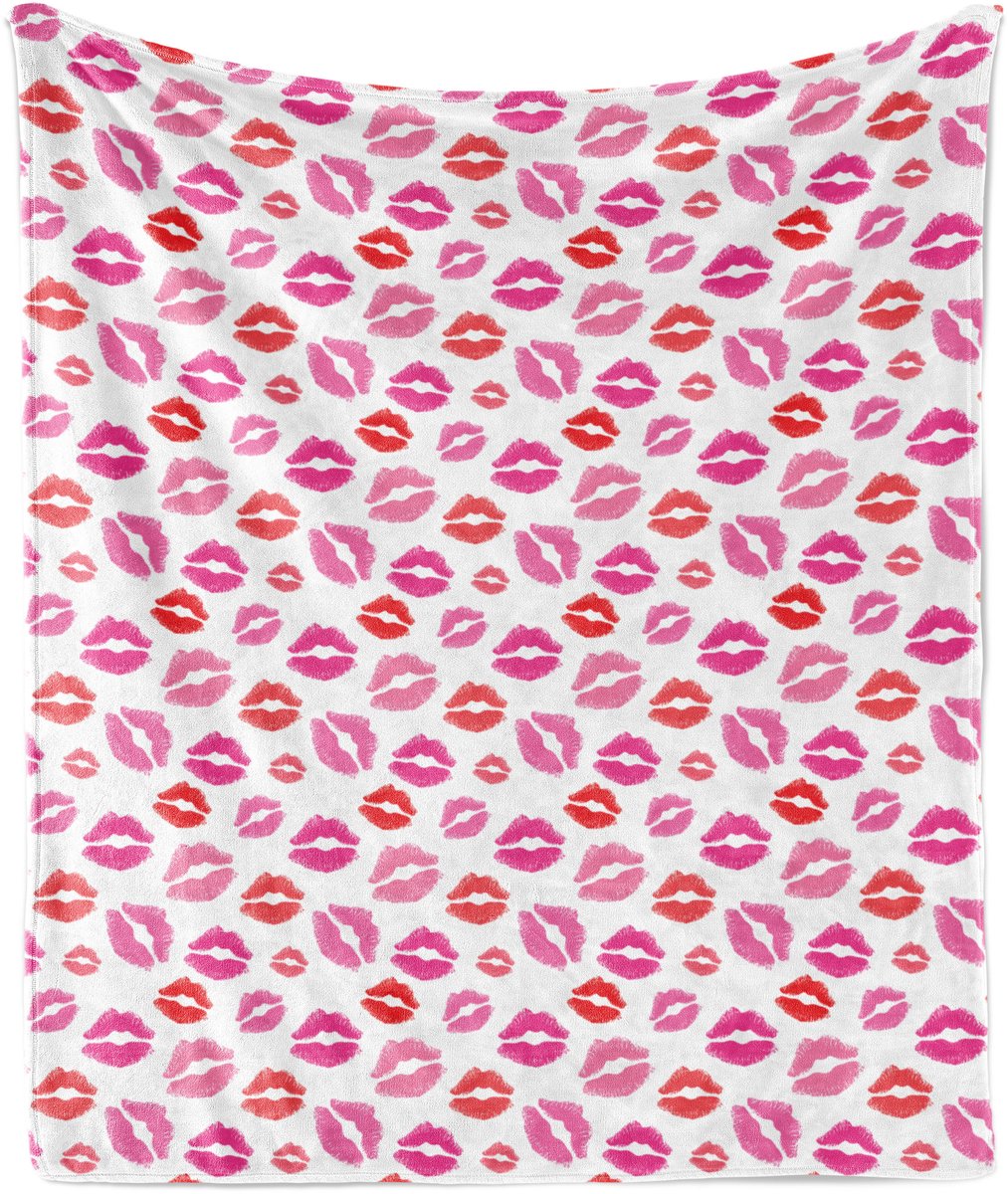 ABAKUHAUS Zachte Flanellen Fleece Deken met Lippenprint, Roze en Rode Romantische Kusjes, Gezellige Pluche Deken, 175 x 230 cm, Roze Rood Wit