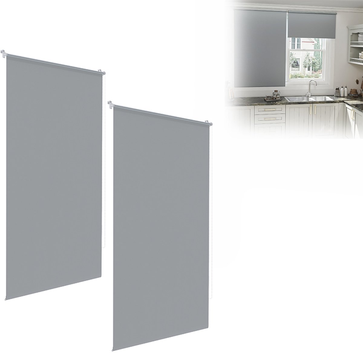 Aufun Verduisterend Rolgordijn - 2 Stuks - 120 X 210cm - Grijs - Zijdelings Bedienbaar Rolgordijn - Raamgordijn Met Klembevestiging - Thermisch Rolgordijn