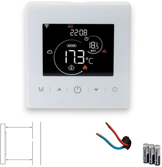 Witte wifi thermostaat met scherm, bedrading en batterijen. Schema toont afmetingen.