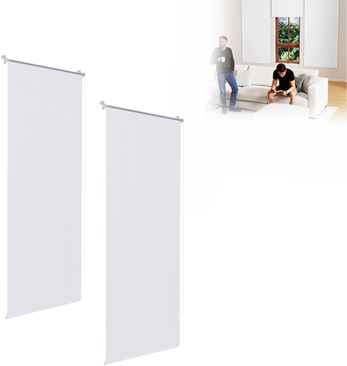Aufun Verduisterend Rolgordijn - 2 Stuks - 120 X 160cm - Wit - Zijdelings Bedienbaar Rolgordijn - Raamgordijn Met Klembevestiging - Thermisch Rolgordijn