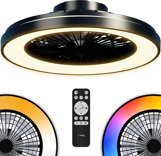 Airking Plafondventilator - Stille Ventilator met Afstandsbediening 48,5cm - LED 40W Dimbaar - 3000K-6500K - Zomer en Winterstand Zwart