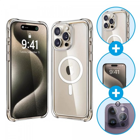 Hoesje + Camera & Screenprotector Geschikt voor iPhone 15 Pro Max - Back Cover Compatibel met MagSafe - Case Schokbestendig Doorzichtig + 9H Tempered Glass & Camera Lens Protector - 360° Bescherming