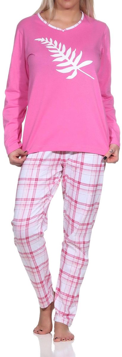 Normann Damespyjama met lange mouwen in leuke kleuren met ruitmotief pink