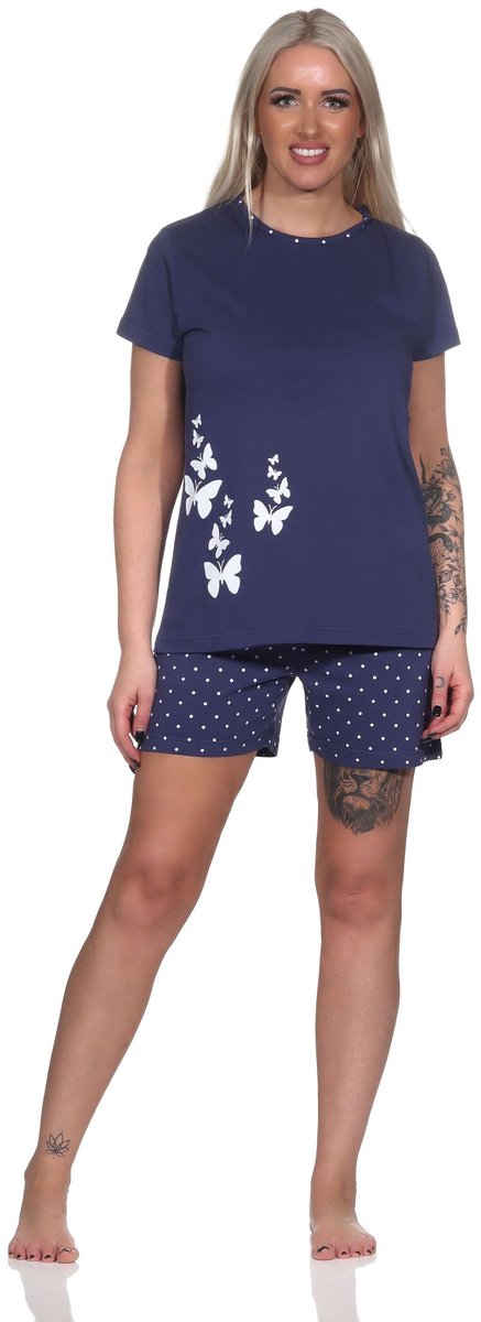 Normann damespyjama shorty met korte mouwen en korte pyjamabroek in stippenlook navy
