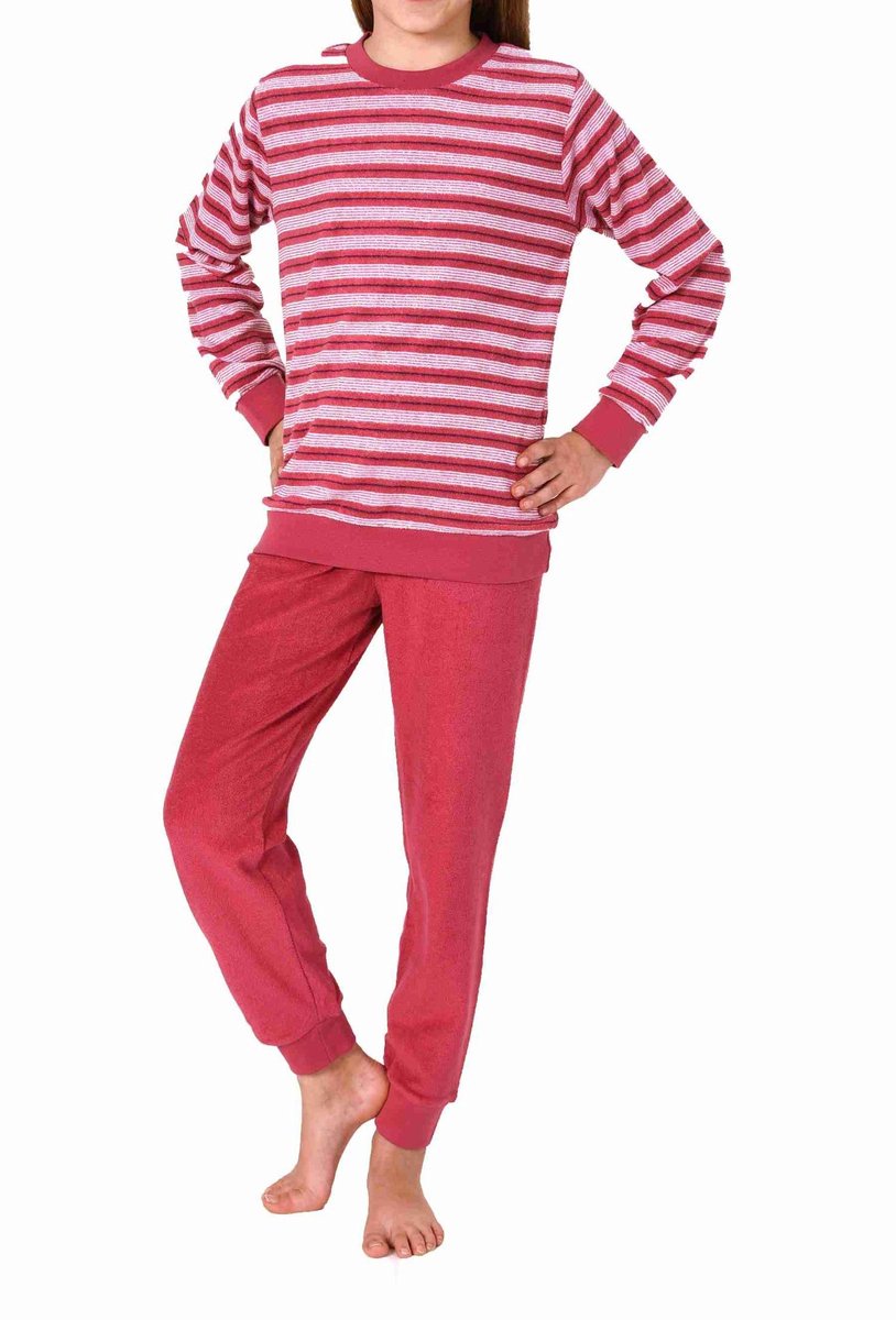 Normann Behaaglijke meisjespyjama van badstof met lange mouwen en manchetten in gestreept design pink