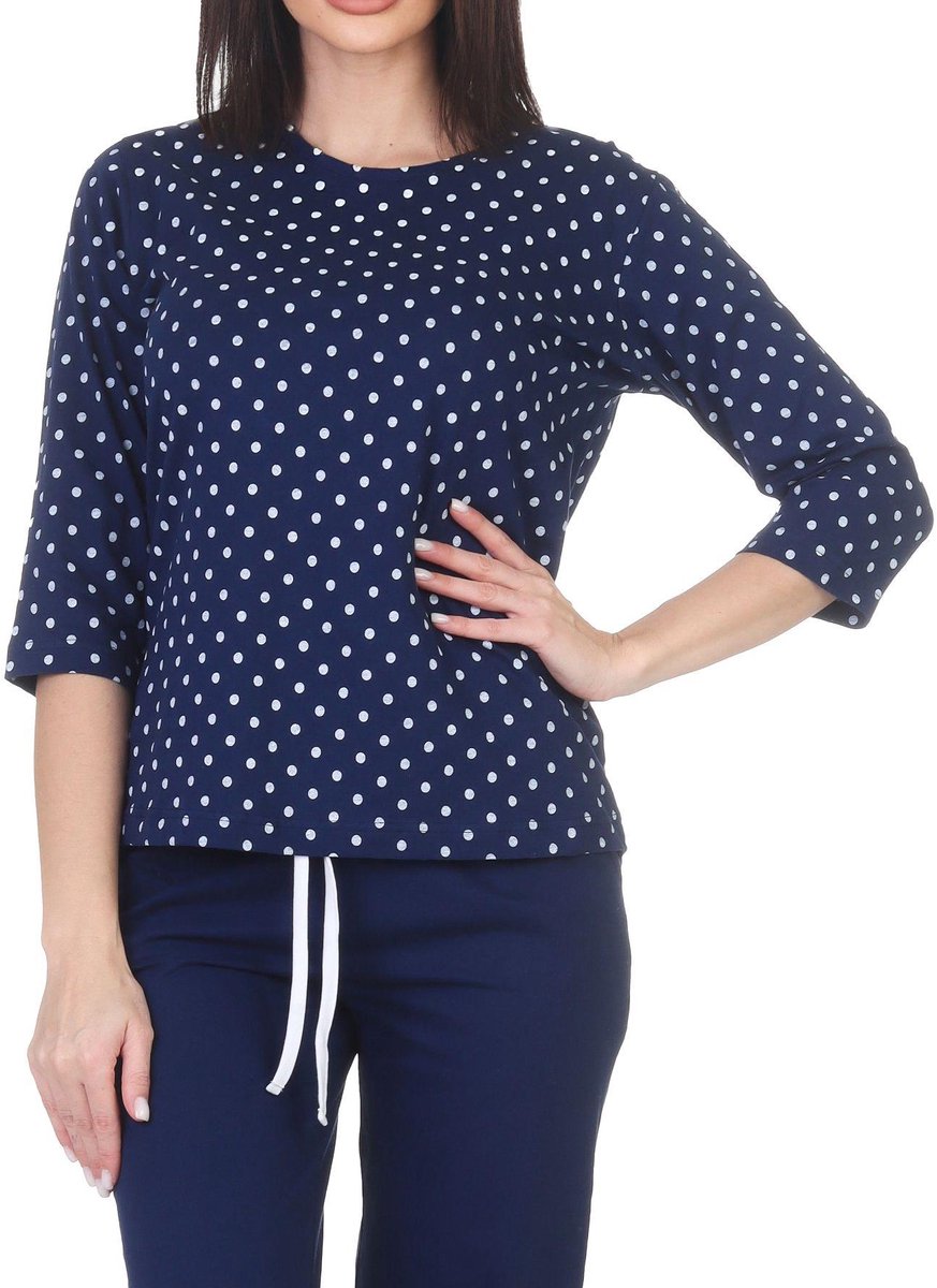 Normann Damespyjamashirt met lange mouwen mix & match punkte_marine