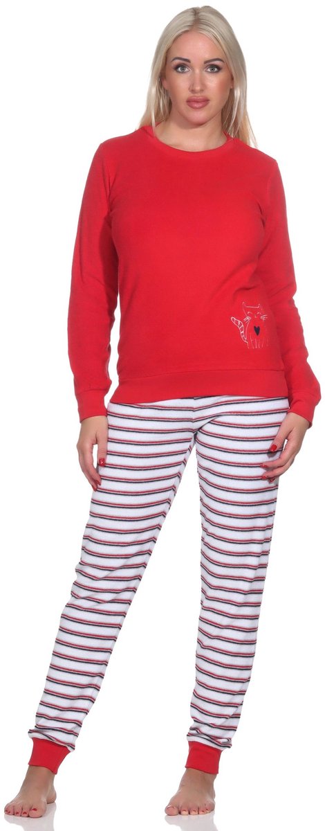 Normann Dames badstof pyjama, broek gestreept, top met schattig dierenmotief - ook in oversize rot1