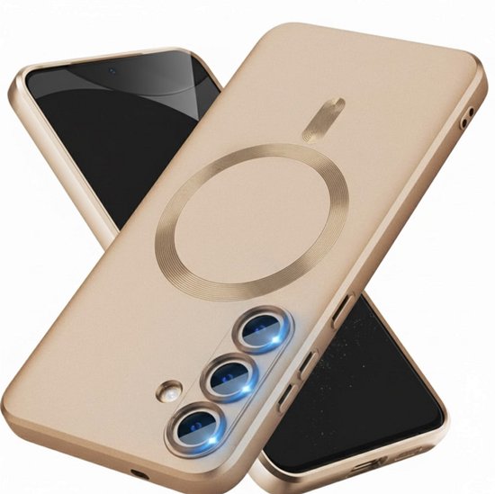 Coque de téléphone dorée mate avec une zone de chargement magnétique circulaire et trois découpes pour objectif de caméra.