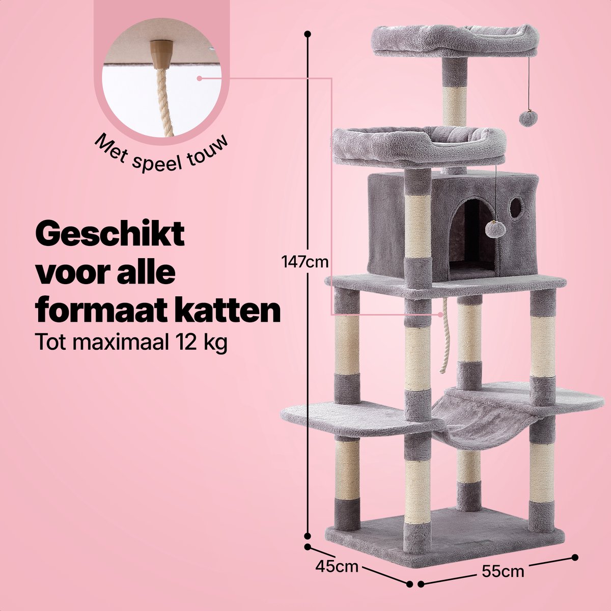 Jake and Jacky Krabpaal voor Katten - Kattenkrabpaal - Krabmeubel - Kattenboom - Krabpalen - Kattenhuis - Lichtgrijs - 147 cm Hoog – foto 5
