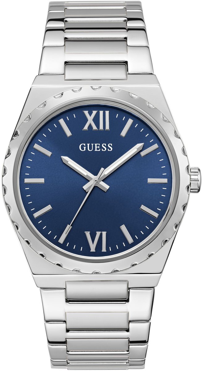 Guess Central Quartz Analoog Horloge Zilvertint En Blauw Behuizing: 100% Roestvrij Staal| Armband: Roestvrij Staal 42 mm U1394G1M, U1394G5M