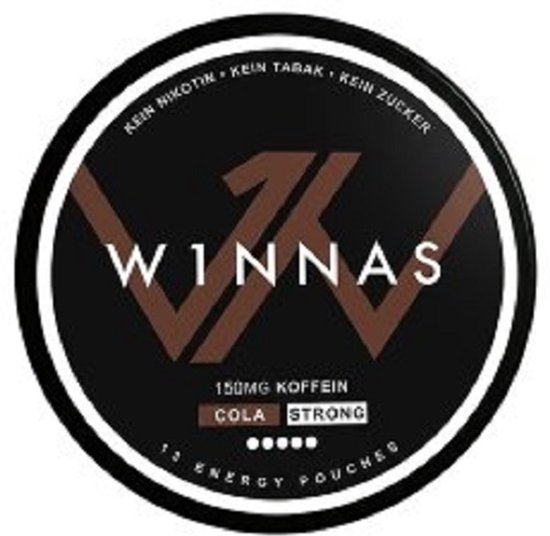 Zwarte ronde verpakking met WINNAS logo, tekst '150MG KOFFEIN COLA STRONG' en '13 ENERGY POUCHES'.