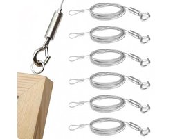 Staalkabels met haken en ogen 6 stuks | Roestvrij stalen instelbare kabel 2m x 1,5mm | Ophangen spiegels, schilderijen, lampen | Max. 30 kg