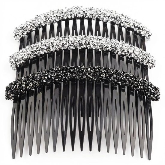 Zijaanzicht van 3 zwarte haar kammen met strass versiering; twee met zilver, één met zwart.