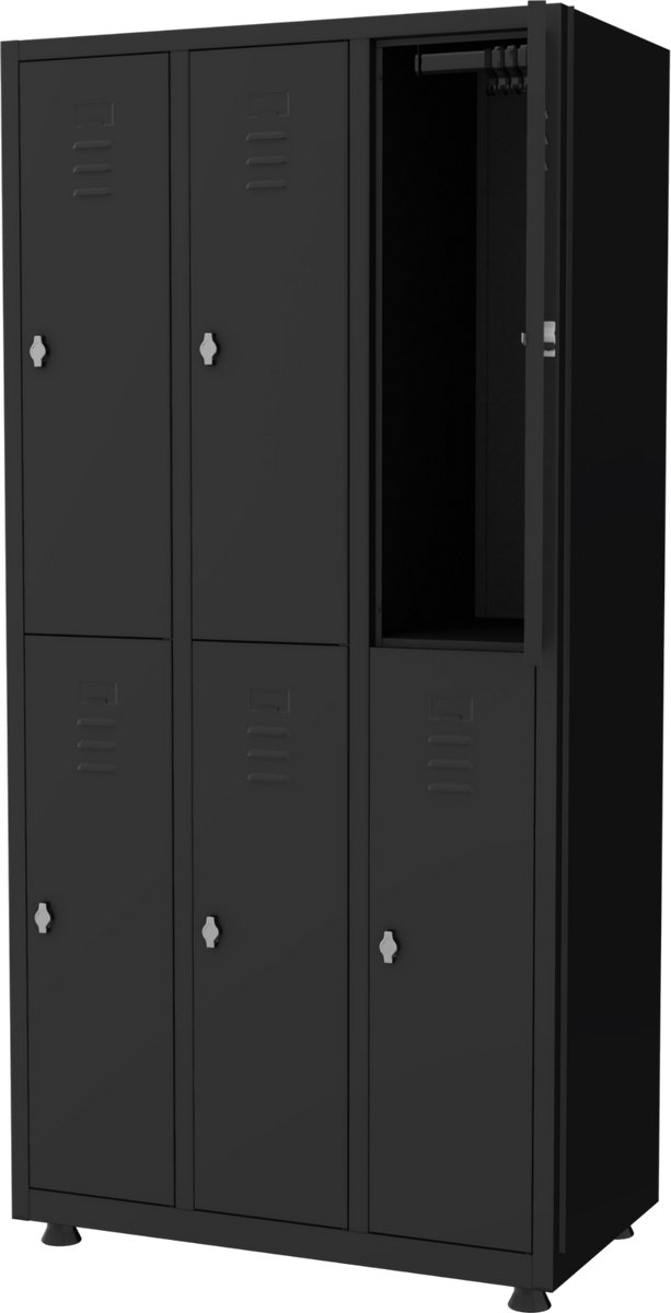 Lockerkast metaal - 6 lockers - Hang- en legruimte - 180x88,5x50 cm - Zwart