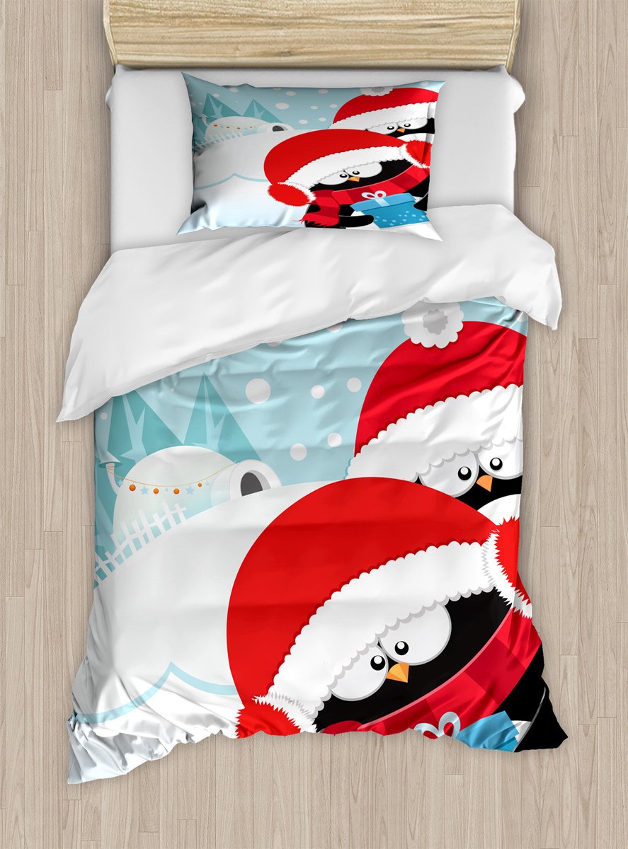 ABAKUHAUS Kerstdekbedovertrekset voor eenpersoonsbedden, speelse pinguïniglo, inclusief kussensloop, 130 x 200 cm