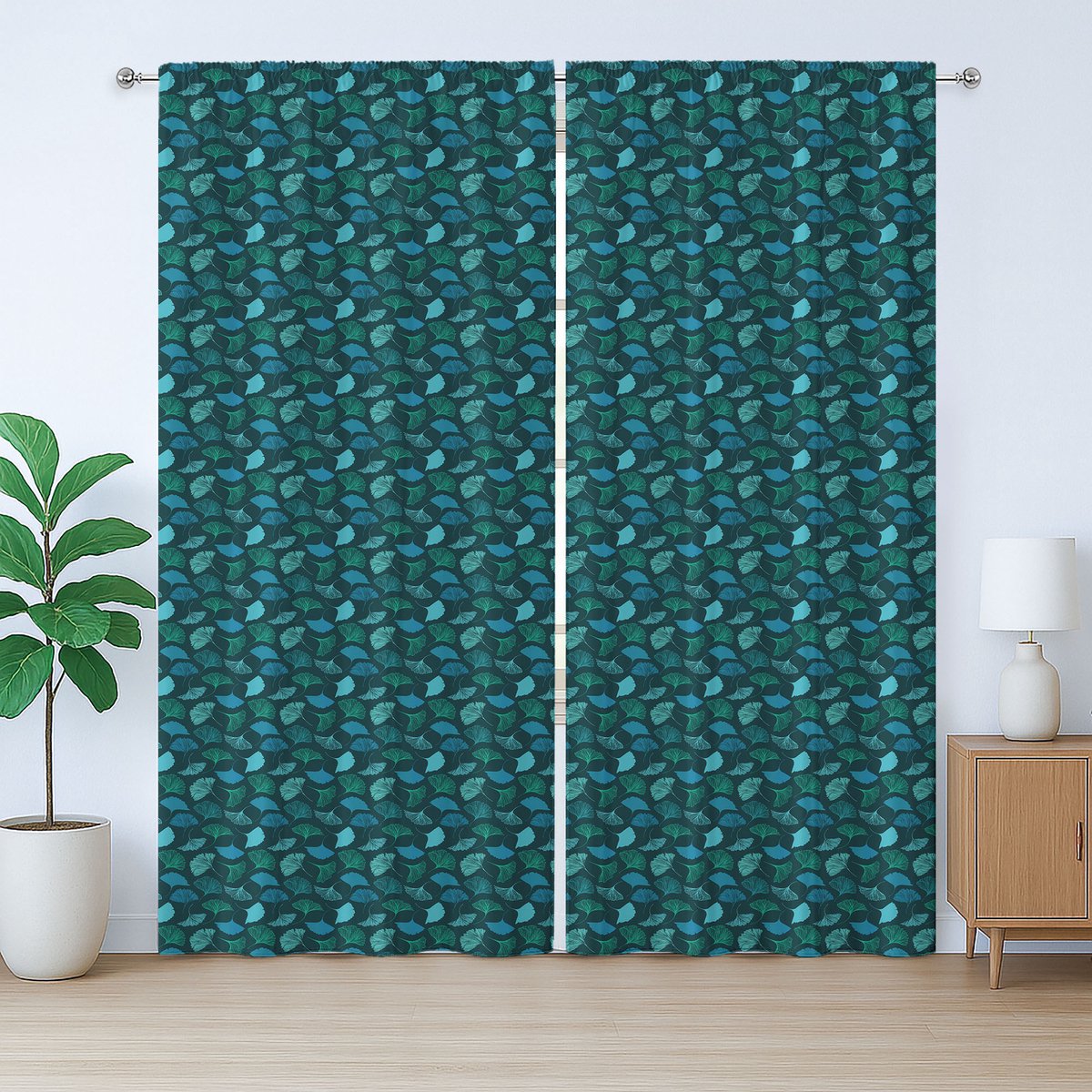 ABAKUHAUS Tropisch Rustiek Gordijn, Exotisch Ginkgobladmotief, met Bandjes, Lusjes en Haken , 280 x 175 cm, Turquoise Donkergroenblauw