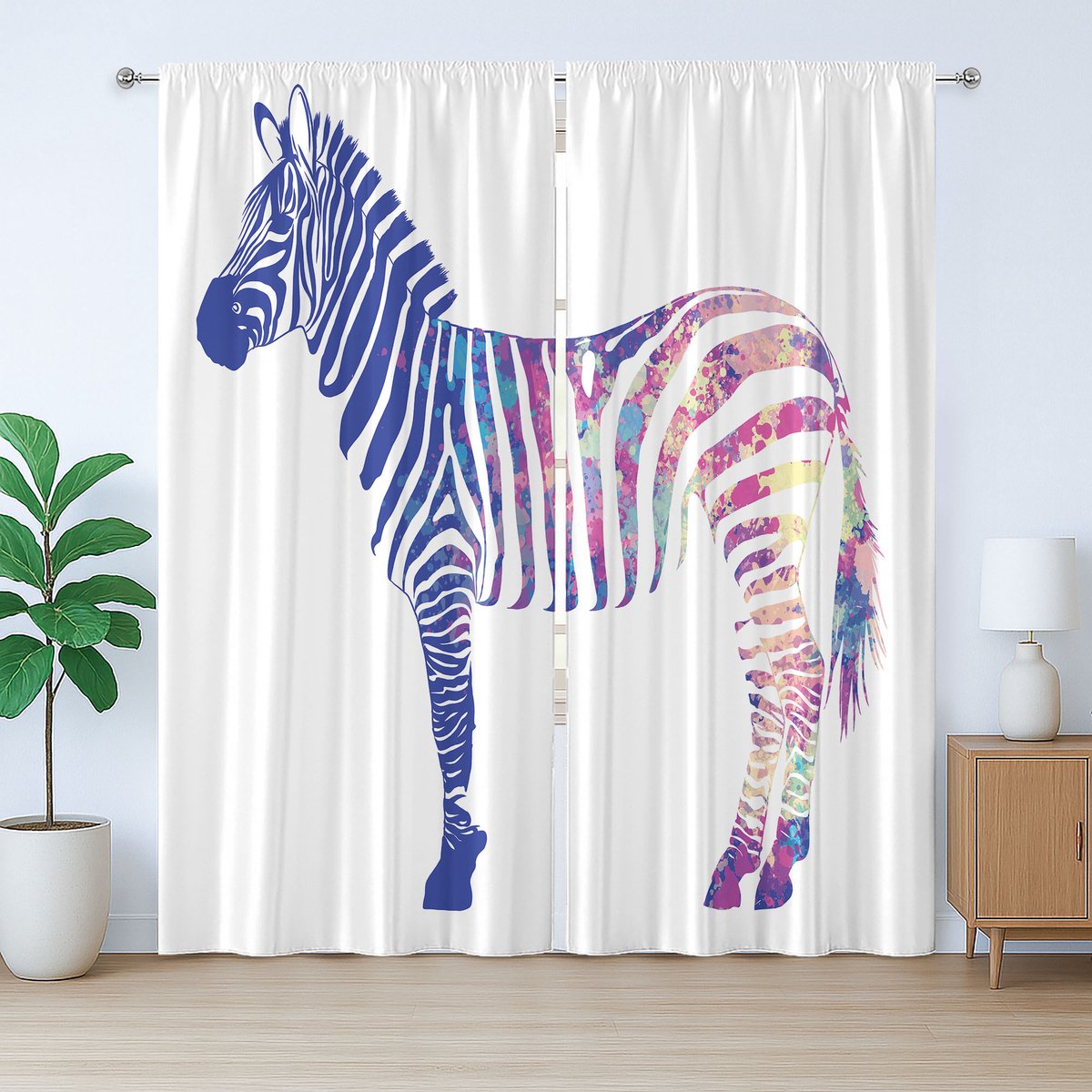 ABAKUHAUS Zebra Rustiek Gordijn, Dier in Kleurrijke Strepen, met Bandjes voor de Woonkamer met Lussen en Haken, 280 x 245 cm, Blauw Meerkleurig
