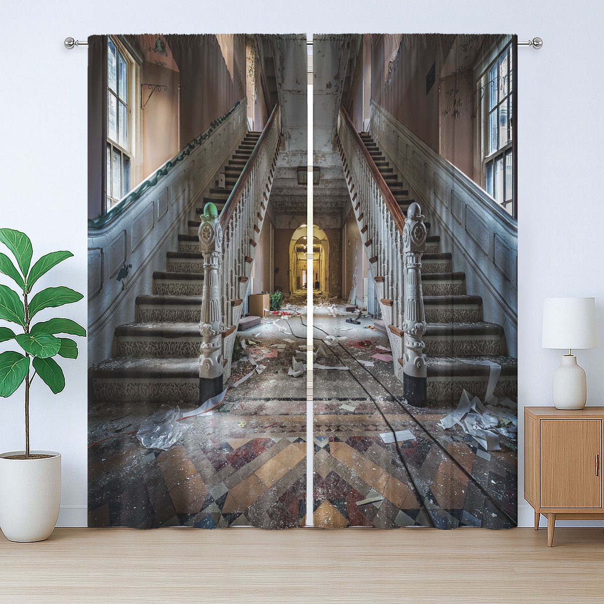 ABAKUHAUS Vintage Rustiek Gordijn, Verlaten Operahuis, Universele Gordijnen met Bandjes, Lussen en Haken voor de Woonkamer, 280 x 225 cm, Beige Bruin