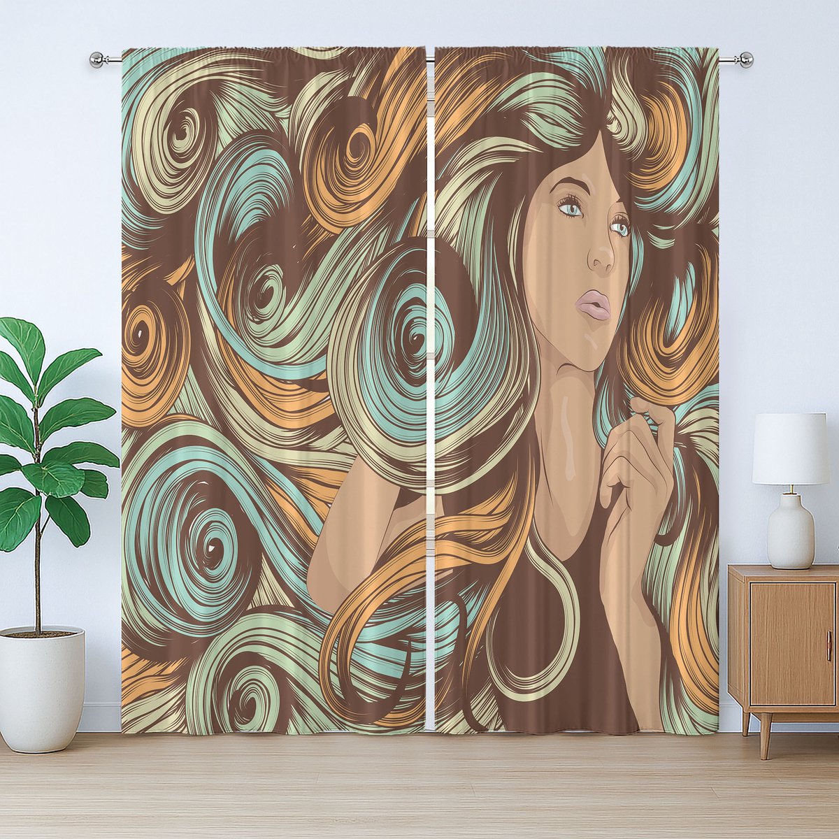 ABAKUHAUS Rustiek gordijn voor dames, trendy krullend, slaapkamergordijn met lussen en haken, 280 x 175 cm, meerkleurig