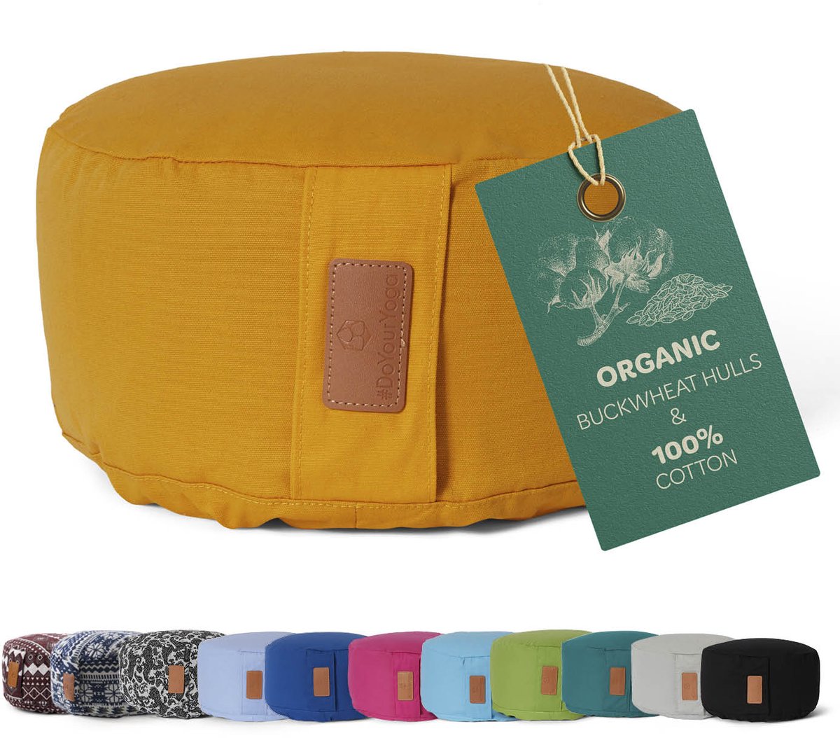 #DoYourYoga - Yoga kussen - »Vishnu« - rond meditatiekussen met bio-organische boekweit schalen vulling - H:15cm, diam.30cm - curry geel