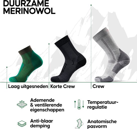Groene, zwarte en grijze sokken met informatie over ademend vermogen en temperatuurregulatie.