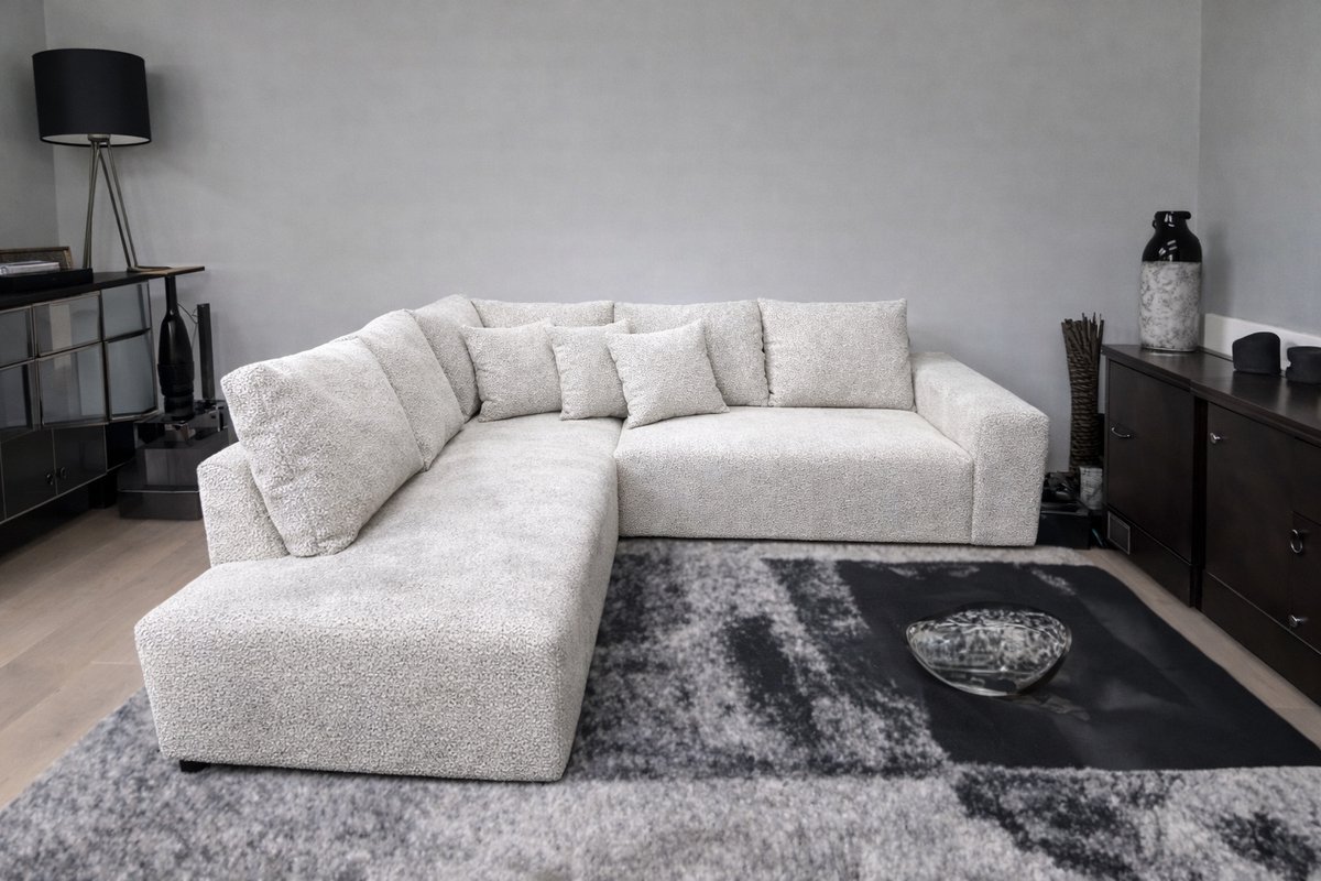 Moderne Hoekbank met Lounge Links – Koningstijl - Silver Ribstof (Corduroy) – Inclusief Kussens – Comfortabele Zit- en Loungebank voor Woonkamer