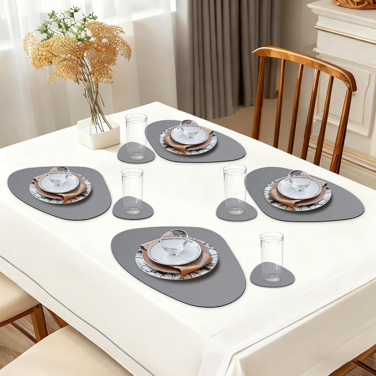 Set van 8 Ronde Placemats en Onderzetters - Hittebestendig Kunstleer - Antislip & Waterdicht