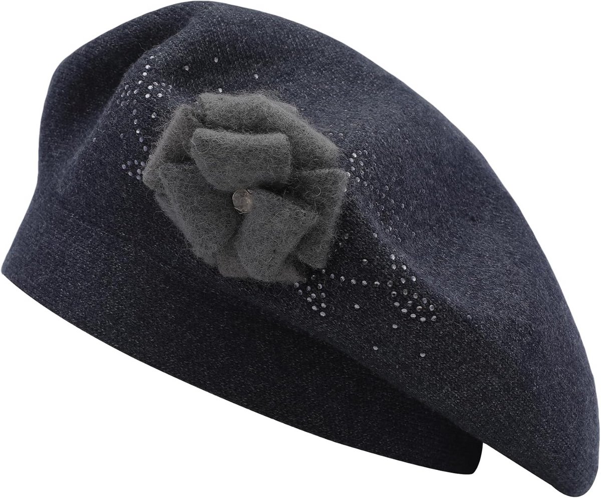 Dames Zachte Gebreide Baret Hoed Bloemen en Strass Accent