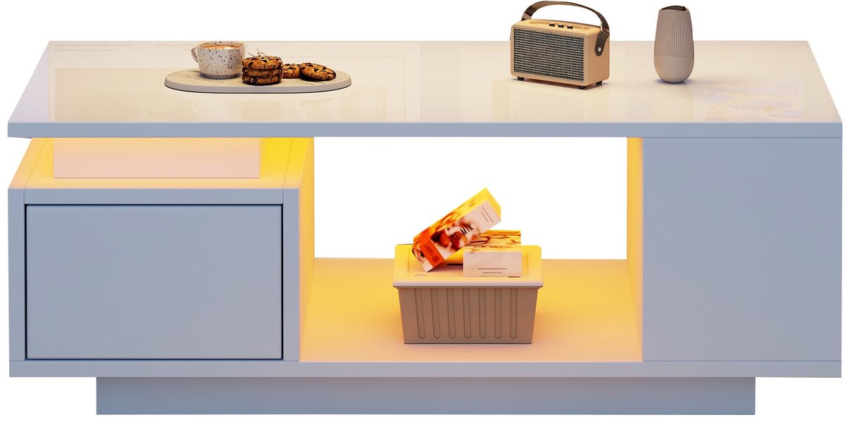Merax Salontafel 100 x 50 x 36 cm Wit Hoogglans - Met Lade - 4 Zijvakken - Open Middenvak - Led-Verlichting - Moderne Koffietafel - Woonkamertafel