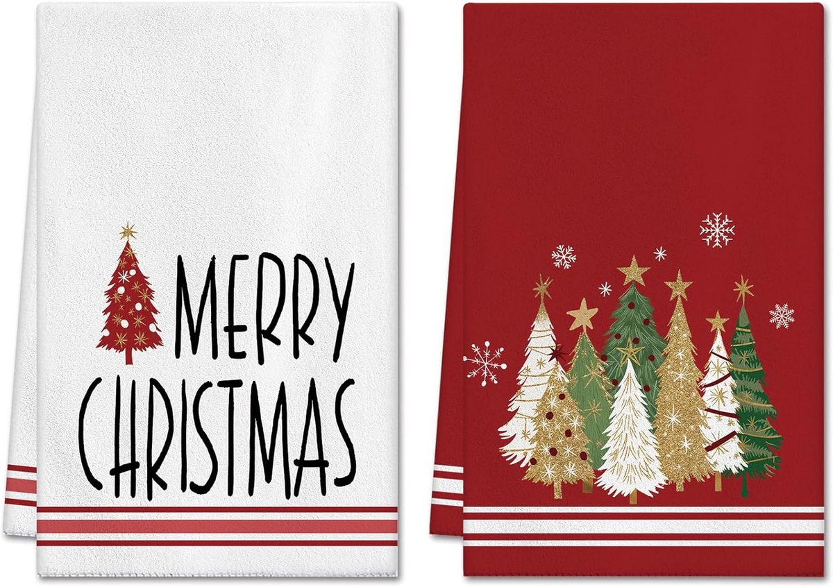 Kerst Keukenhanddoeken Set van 2 - Theedoeken met Kerstboom en Sneeuwvlokken Design