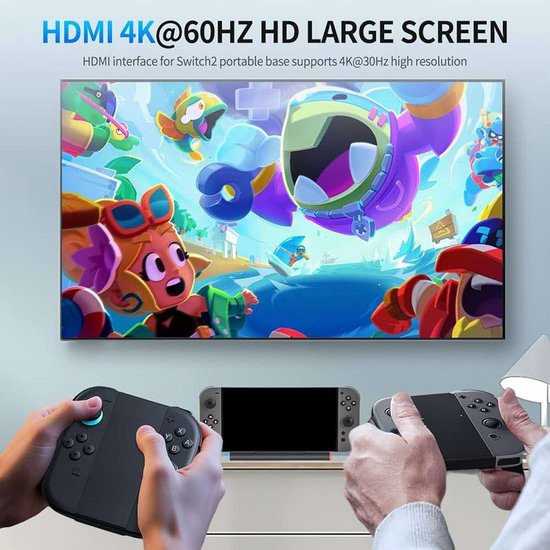 Zwarte docking station met oranje en blauwe accenten, houdt de Switch 2 console met autogame op het scherm. Ondersteunt Switch 2, niet Switch OLED of Lite.