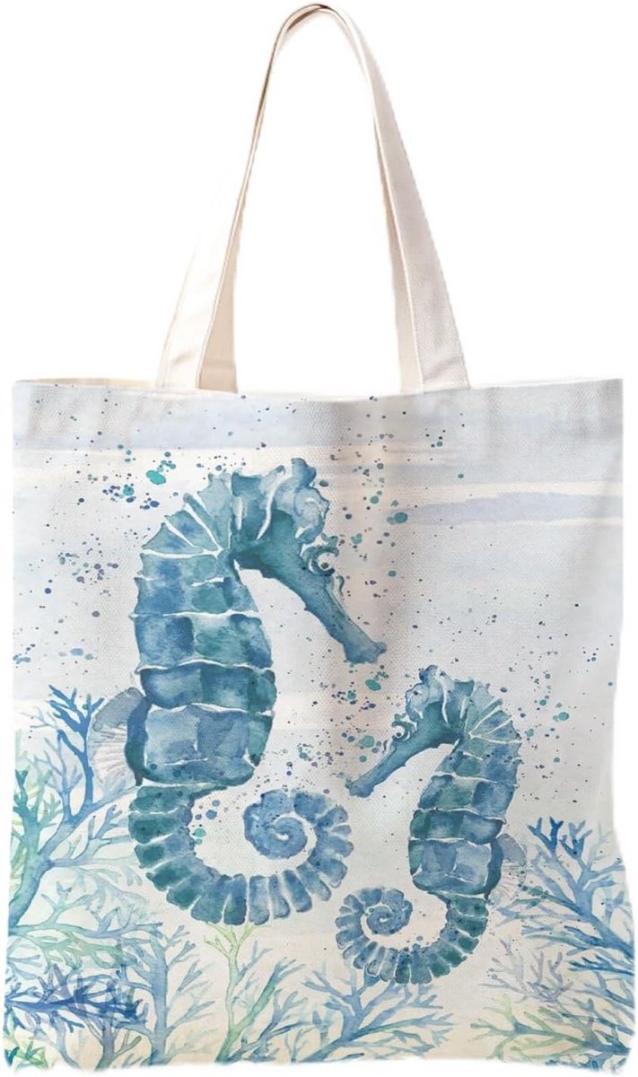 Grote Canvas Strandtas met Zeepaardje - Herbruikbare Draagtas en Boodschappentas