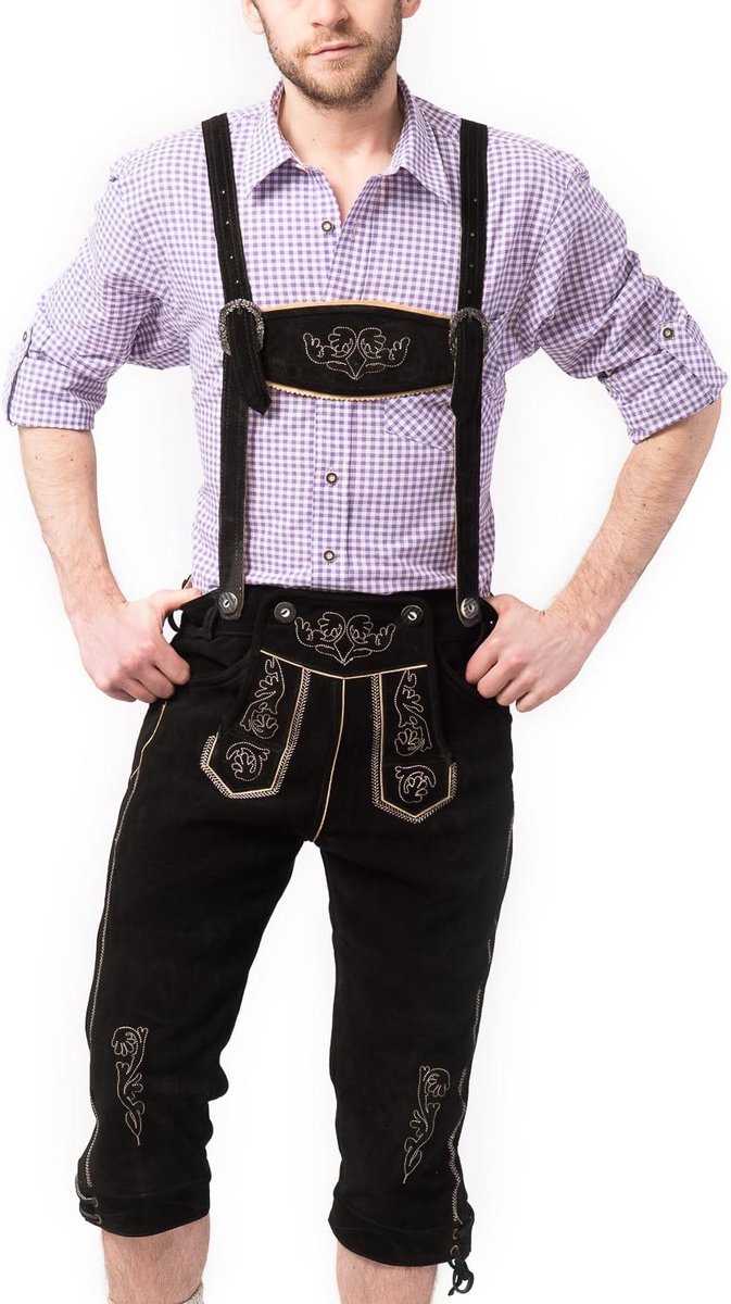 Lange Zwarte Lederhosen van Echt Runderleer voor Heren - Oktoberfest Kleding