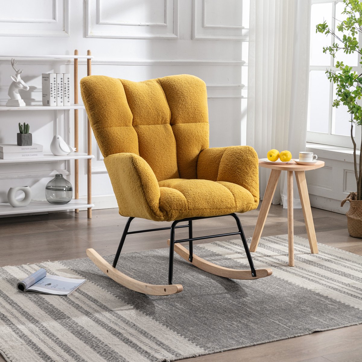 HAUSS SPOLE Schommelstoel - Modern - Hoog Rugleuning - Ergonomisch Gepolsterd Met Getuft Zitvlak - 80x70x95 cm - Voor Woonkamer En Slaapkamer - Teddy Geel