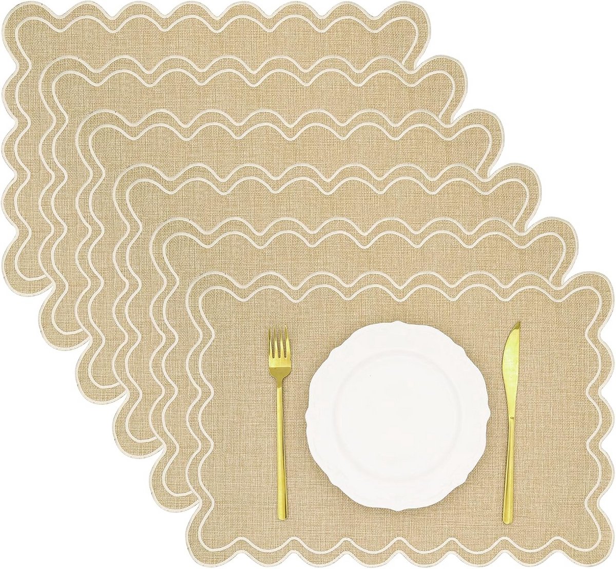 Set van 6 Rustieke Jute Placemats Geschulpt & Geborduurd - 30x45 cm - Dubbellaags en Wasbaar