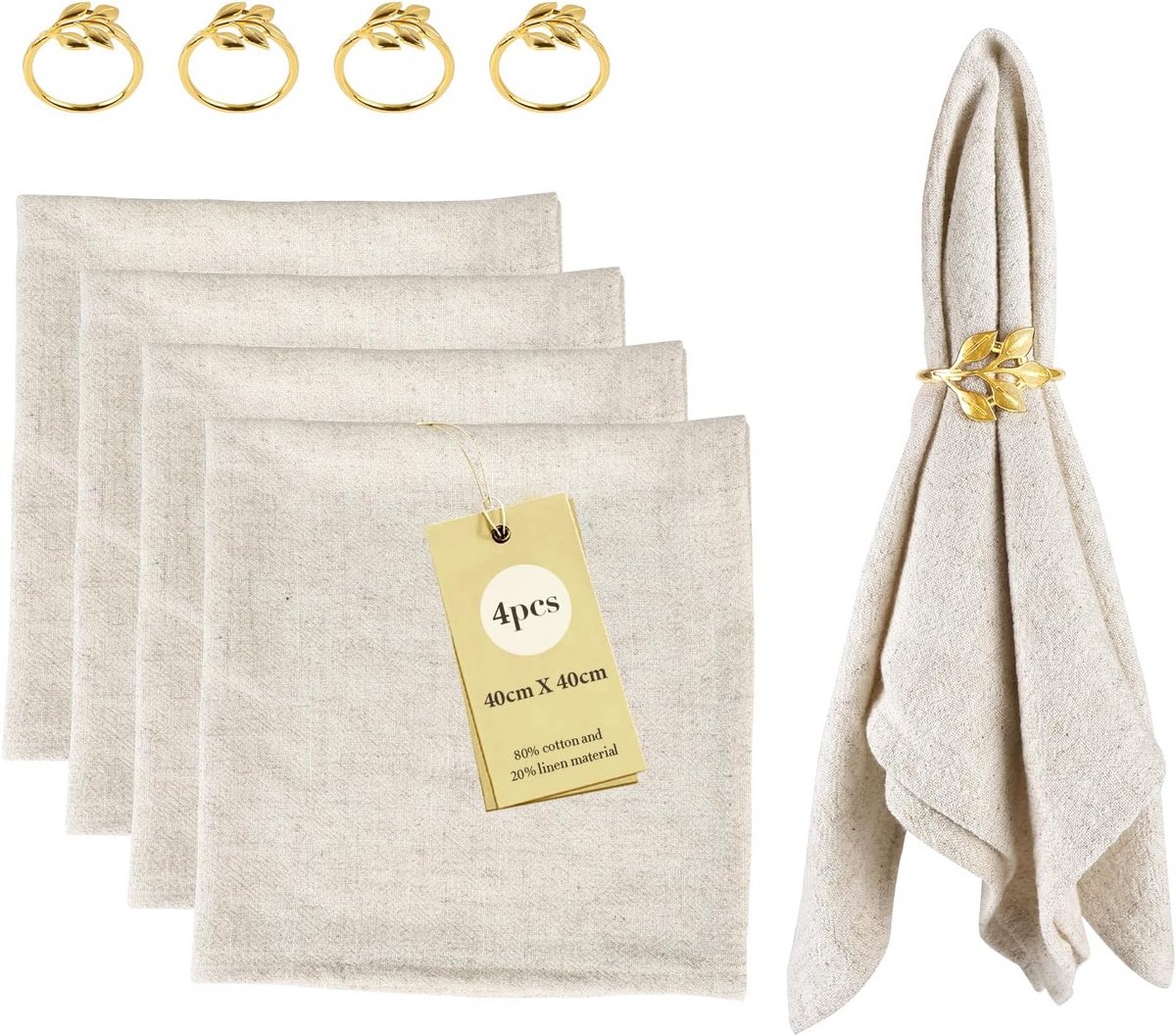 Set van 4 of 12 Linnen Servetten met Gouden Ringen - Beige Tafellinnen