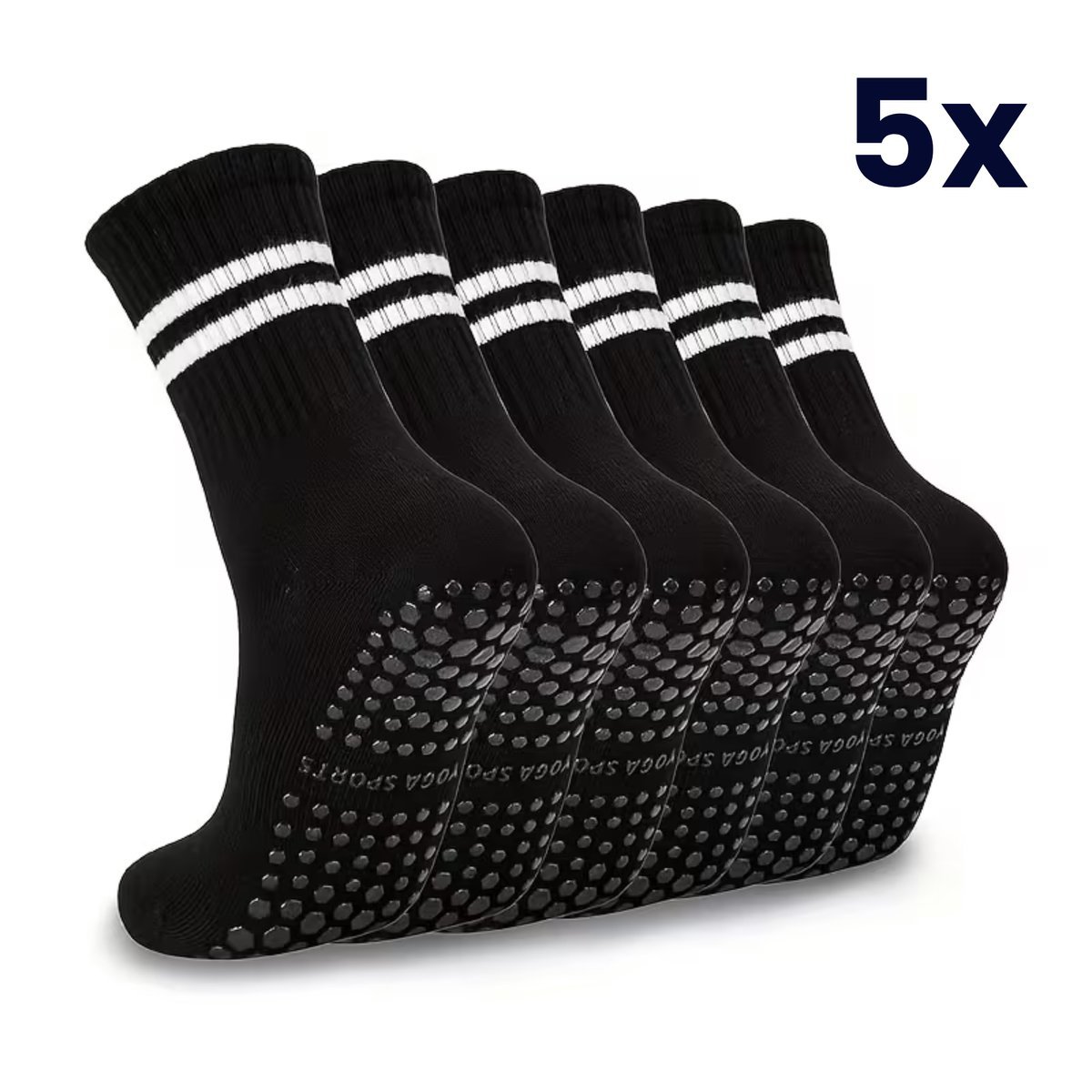 Antislip Yoga & Pilates Sokken Dames - Zwart - Set van 5 Paar - Grip Sokken voor Studio, Thuis & Fitness - Ademend & Elastisch Polyestervezel - Perfecte Pasvorm, Zachte Stof & Sterke Antislip Zool - Geschikt voor Yoga, Pilates & Barre Training