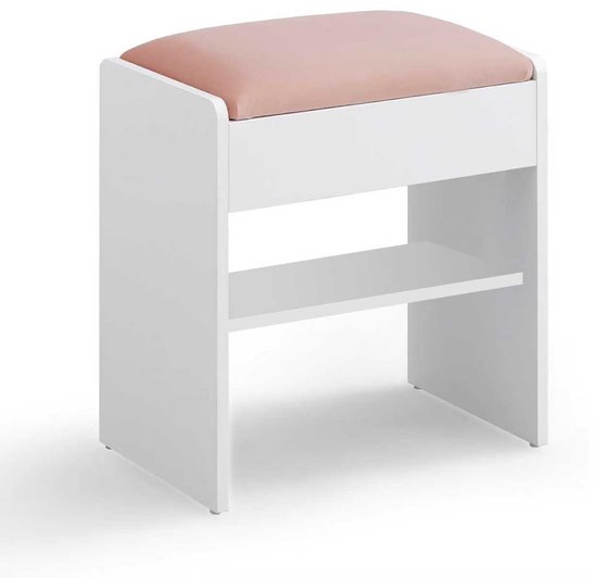 Een witte kruk met een roze fluwelen zitting en een open opbergvak.