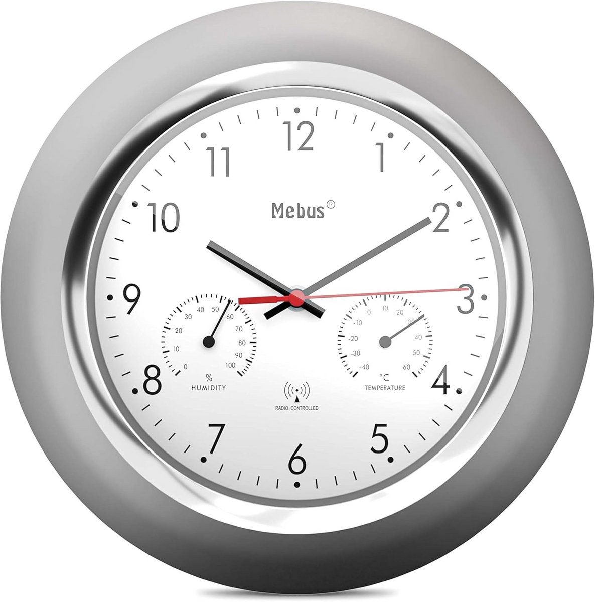 Radiowekker met Thermometer en Hygrometer - Zilveren Wandklok 24cm