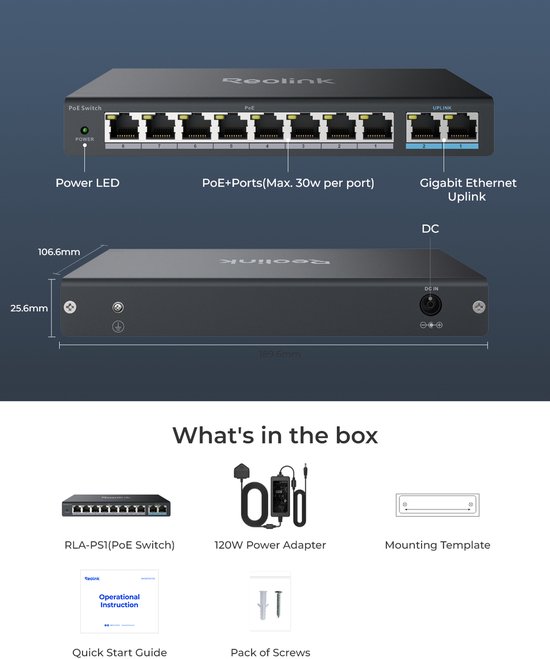 Reolink RLA-PS1 PoE Switch met 8 PoE- en 2 Gigabit Uplink-poorten, Ideaal voor REOLINK RLN36 NVR en Power over Ethernet IP-camera's, IEEE802.3af/at, Metalen behuizing, Bureau-/wandmontage van Merkloos — afbeelding 2