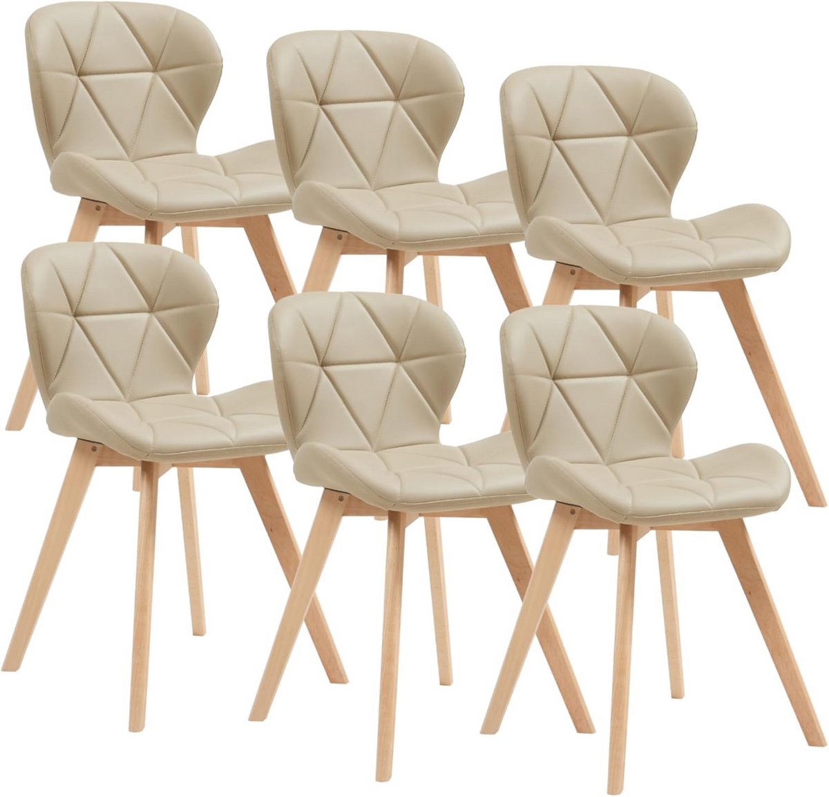 Set van 6 Eetkamerstoelen met Houten Poten en Kunstleer Beige