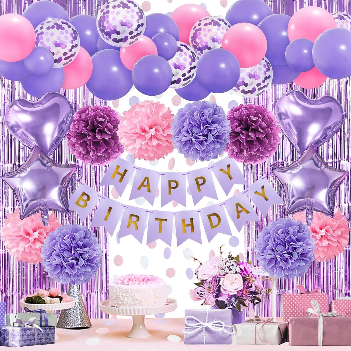 Roze en paarse verjaardagsfeestdecoraties voor vrouwen en meisjes, Happy Birthday-banner pompons ballonboog franje gordijn feestdecor voor babymeisjes vrouwen paars roze verjaardagsfeestje