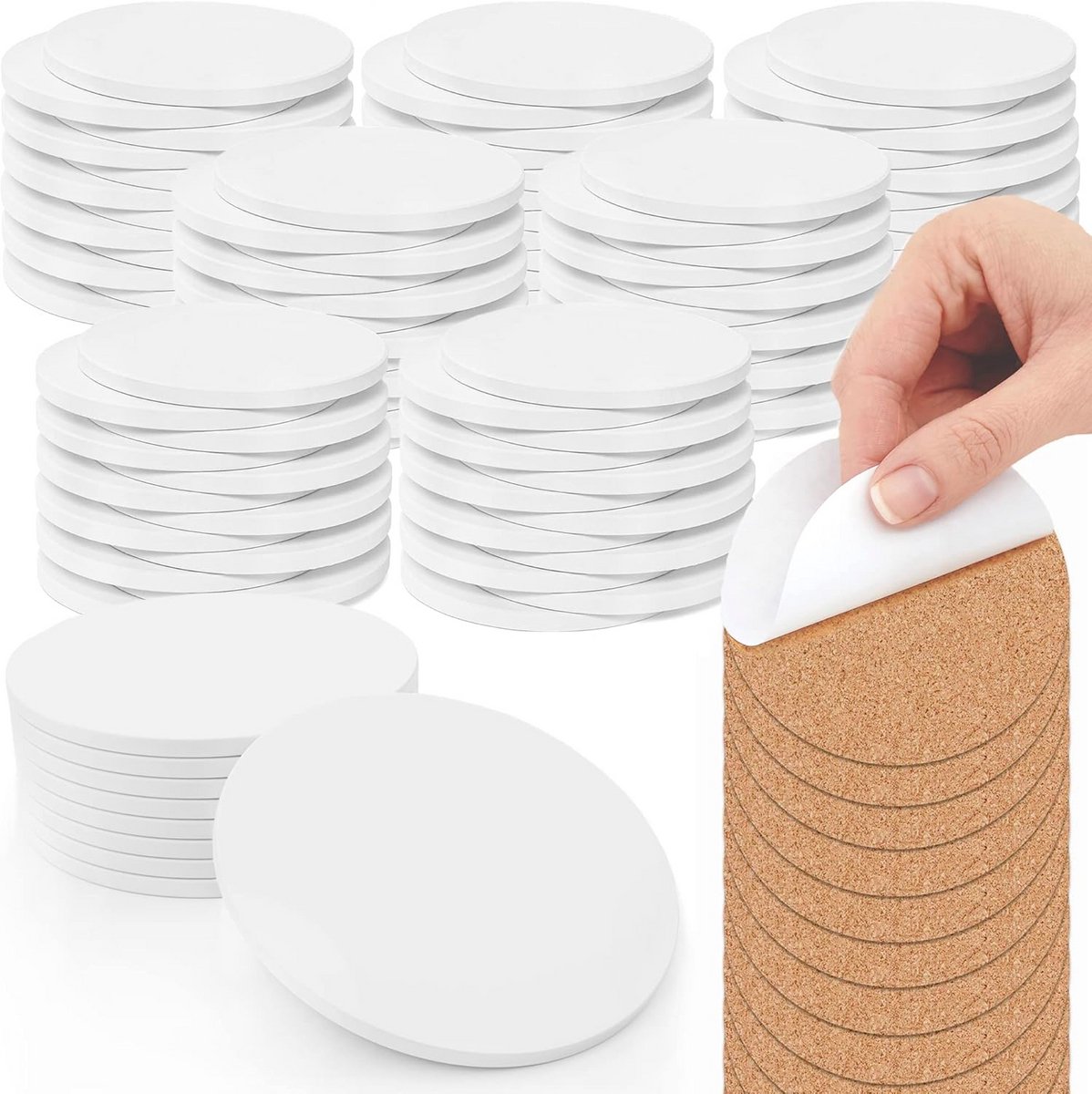 Set van 100 Ronde Witte Keramische Tegels 10 cm met Kurksteun - Ideaal voor DIY Projecten en Onderzetters