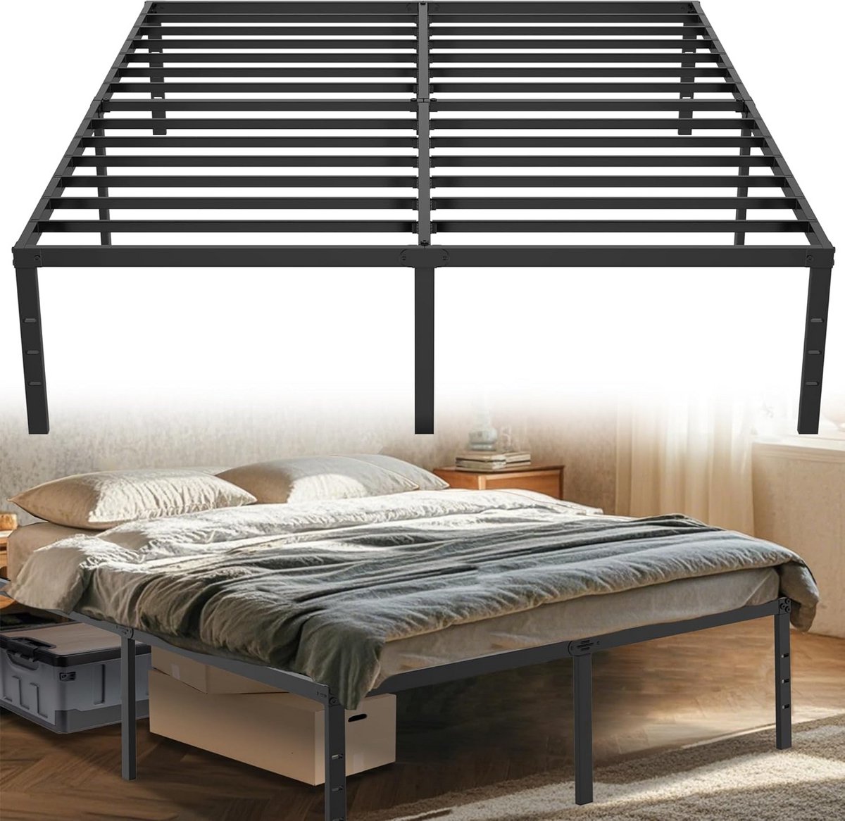 Zwart Metalen Bedframe 160 x 200 cm met Opbergruimte