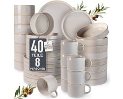 Moritz & Moritz CASTELLO Serviesset 8 Persoons - 40-delig Servies Set met Dessertbord, Soepbord, Dinerbord, Kom en Mok - Steengoed - Beige