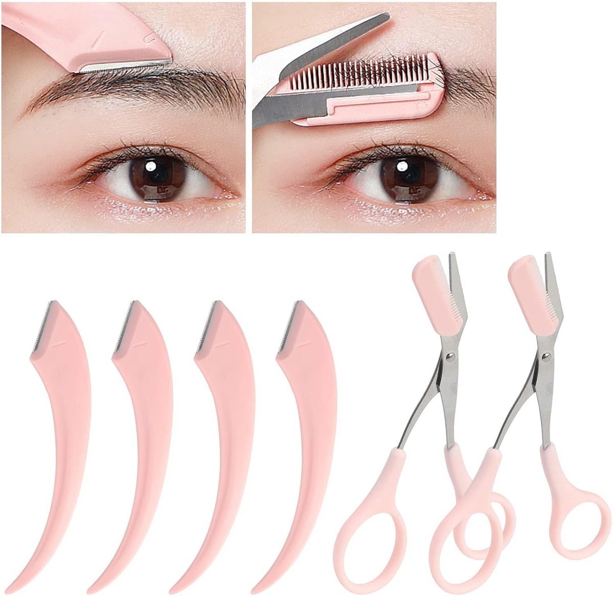 6x Wenkbrauwtrimmer Set met Kam en Gebogen Scheermes - Voor Precisie en Verzorging