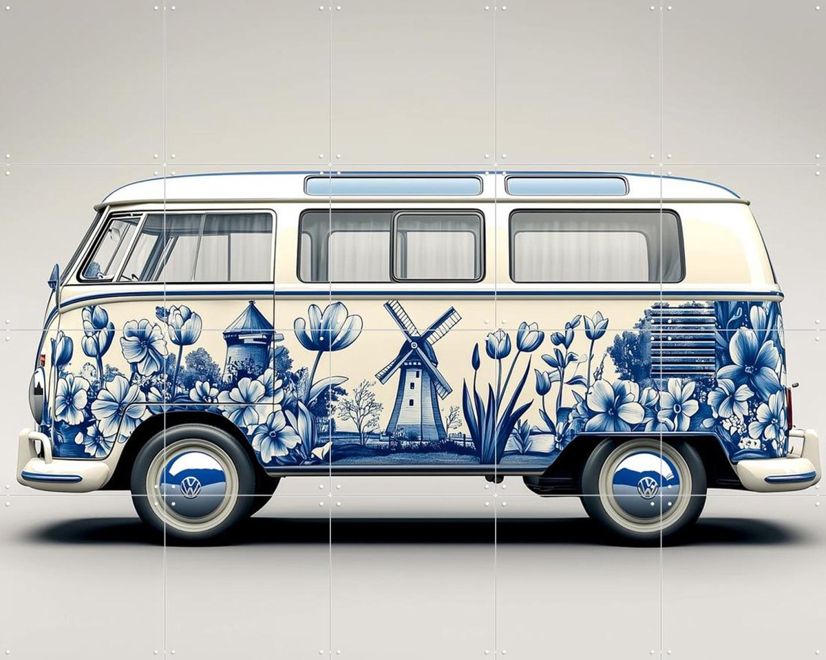 IXXI Delfts Blauwe VW Bus 3, Margriet Hulsker - 100 x 80 cm - Gratis ophangtool - Grote wanddecoratie en posters - Vintage, Illustraties