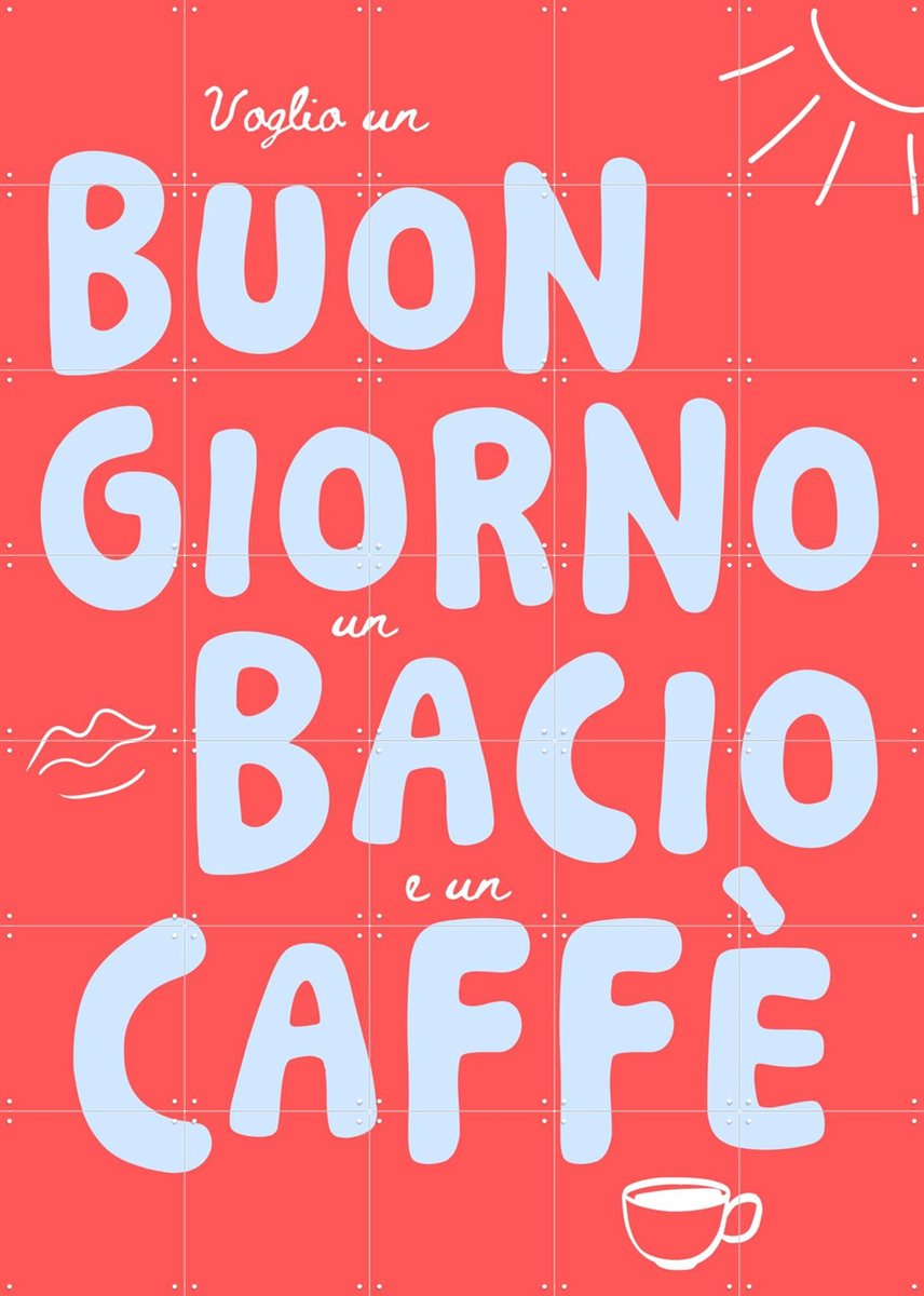 IXXI Buongiorno, bacio, caffe - red, Ohkimiko & Various - 100 x 140 cm - Gratis ophangtool - Grote wanddecoratie en posters - Speels, Kleurrijk