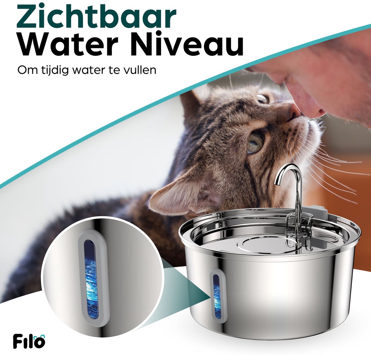 Filo Fluisterstille RVS Drinkfontein Kat & Hond 3.2L + 2 Filters & Schoonmaakstaafje thumbnail 5